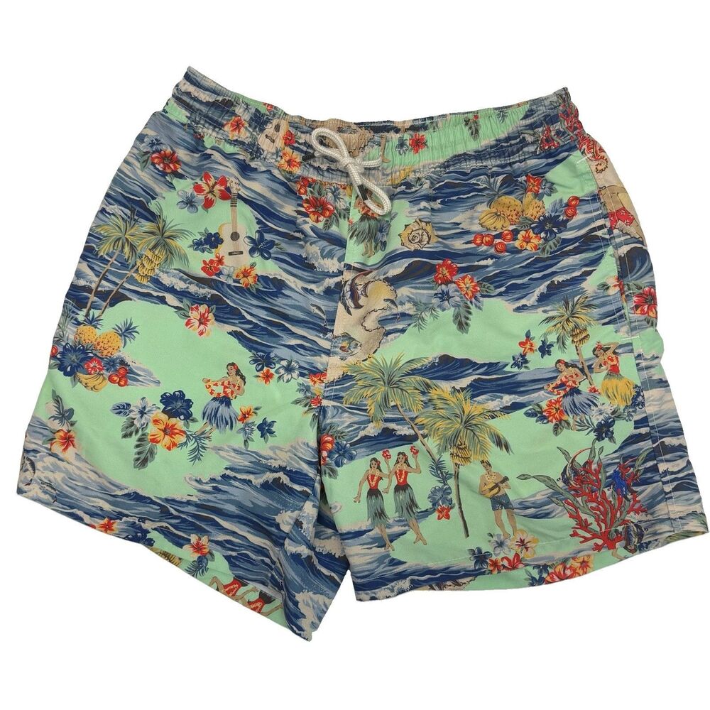 Polo Ralph Lauren Swim Trunks Sz M Green Hawaiian Floral Hulu Girl Preppy Beach